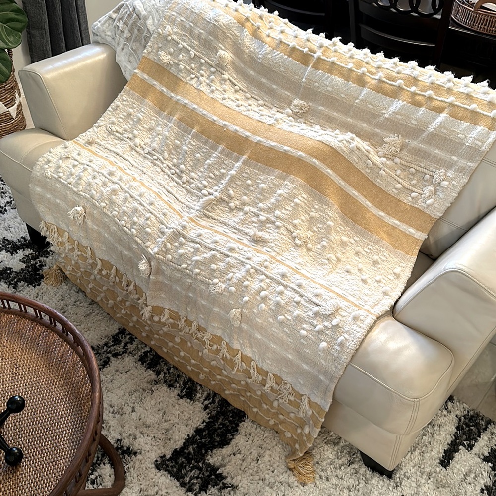 Anthropologie Cream and Gold Stripe Tassel Throw